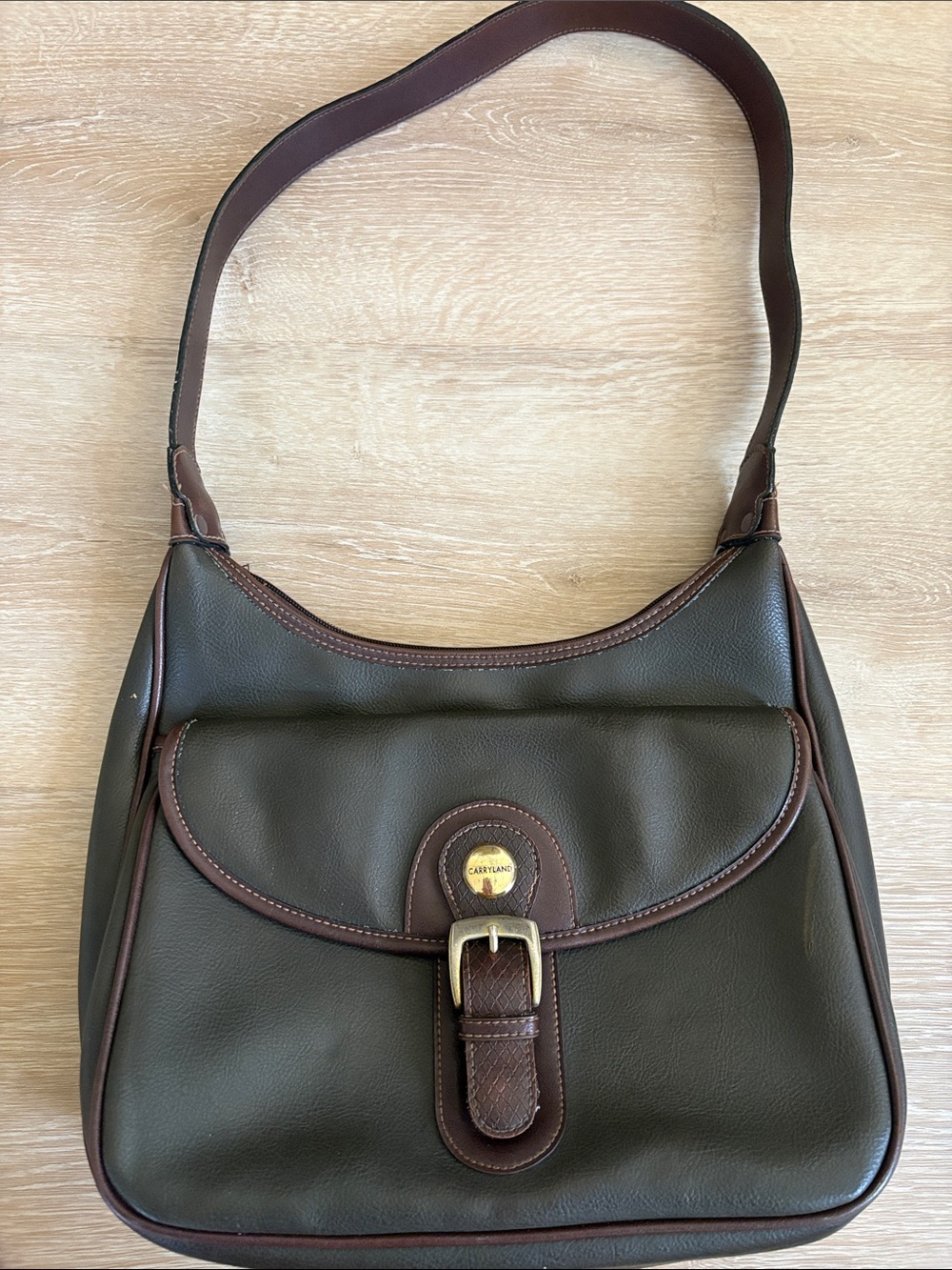 Vintage Carryland Shoulder Bag Olive Green Brown Buckle Hobo Handbag Purse
